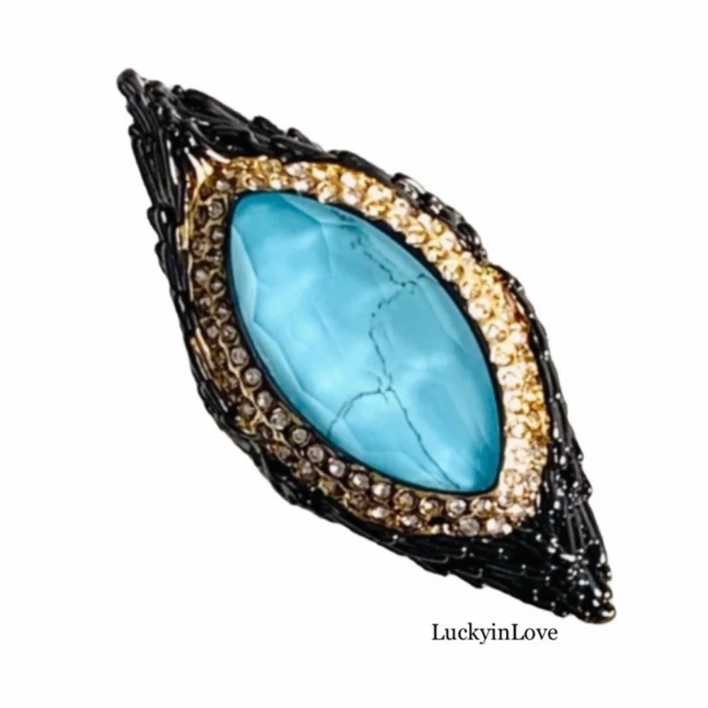 ALEXIS BITTAR Black Gunmetal Gold Doublet Turquoise Stone Maldivian Feather Ring